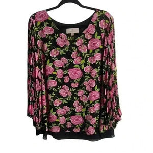 Laurie Felt Size 1X Floral Printed Woven Blouse Pleated Sleeves Pink Black Flowy